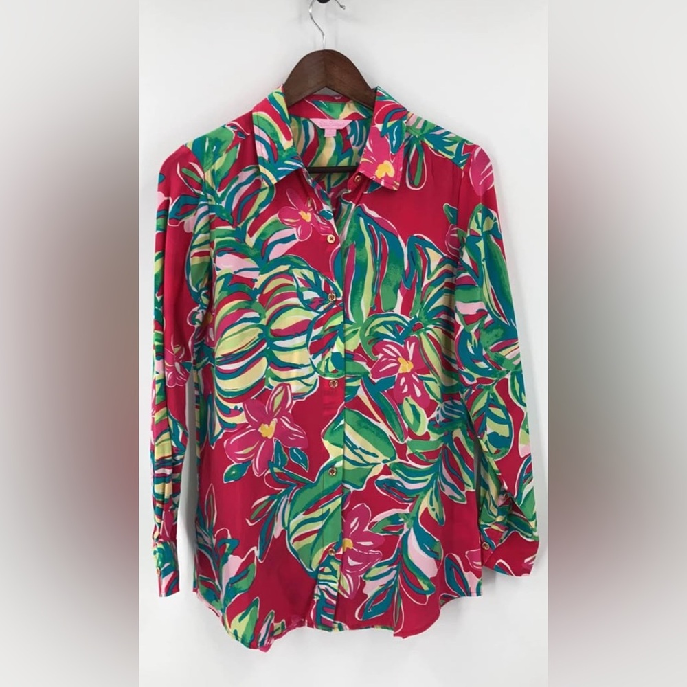 Lilly Pulitzer Isla Silk Blouse, Pink Jungle Tumble Print, Small